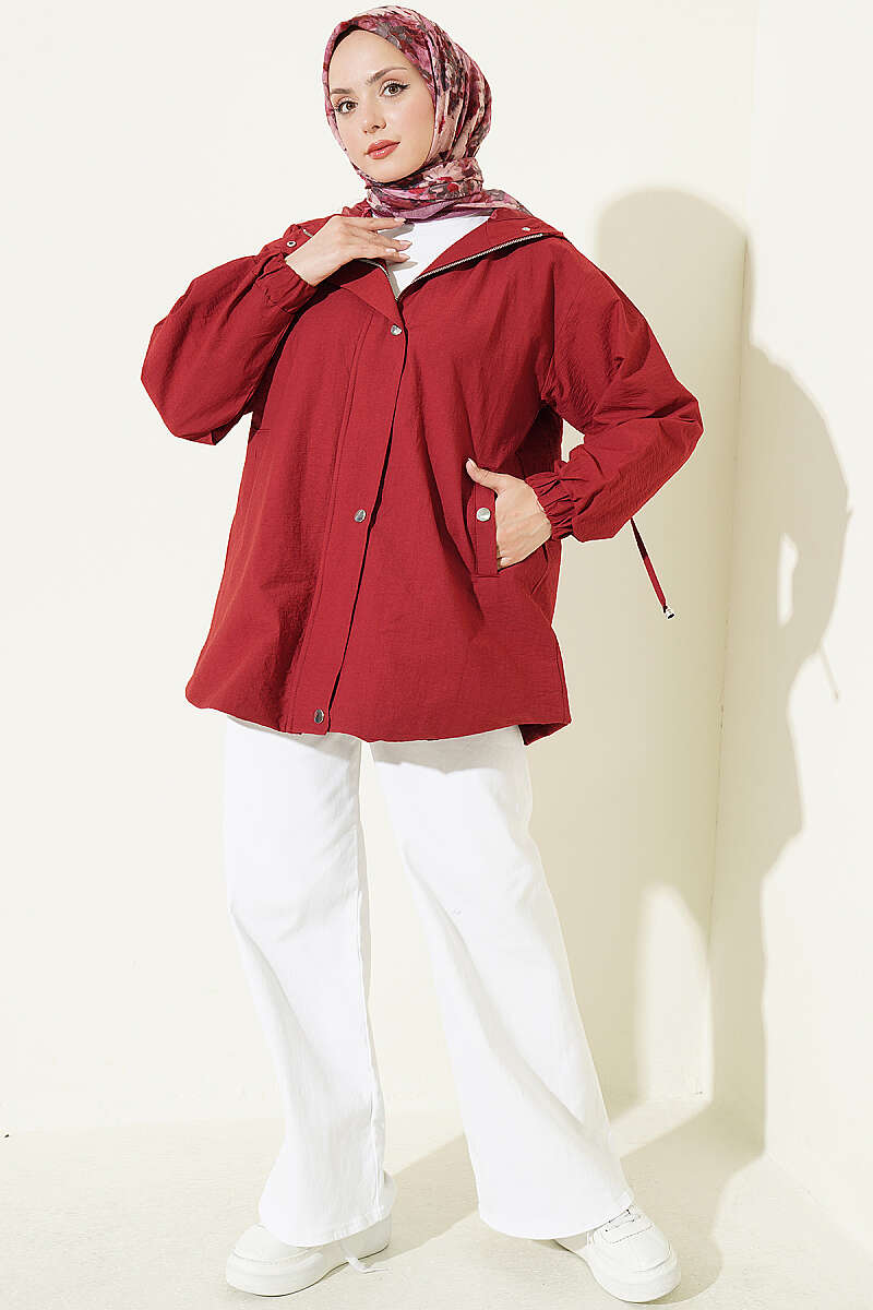 Hooded Cape Coat with Snap Buttons - Burgundy