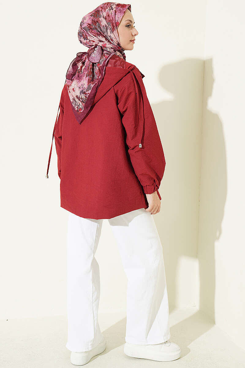 Hooded Cape Coat with Snap Buttons - Burgundy