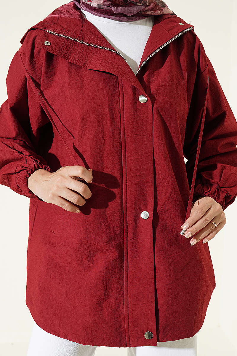 Hooded Cape Coat with Snap Buttons - Burgundy