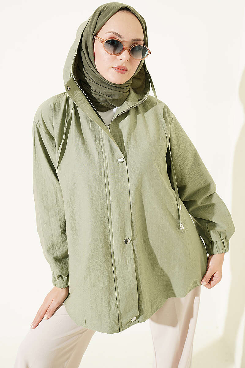 Hooded Cape Coat with Snap Buttons - Almond Green