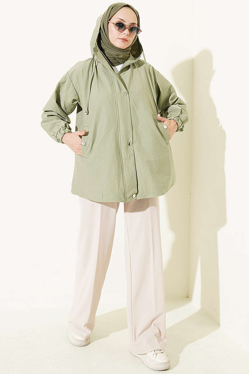 Hooded Cape Coat with Snap Buttons - Almond Green