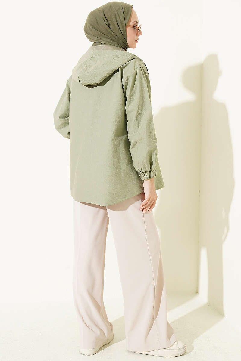 Hooded Cape Coat with Snap Buttons - Almond Green
