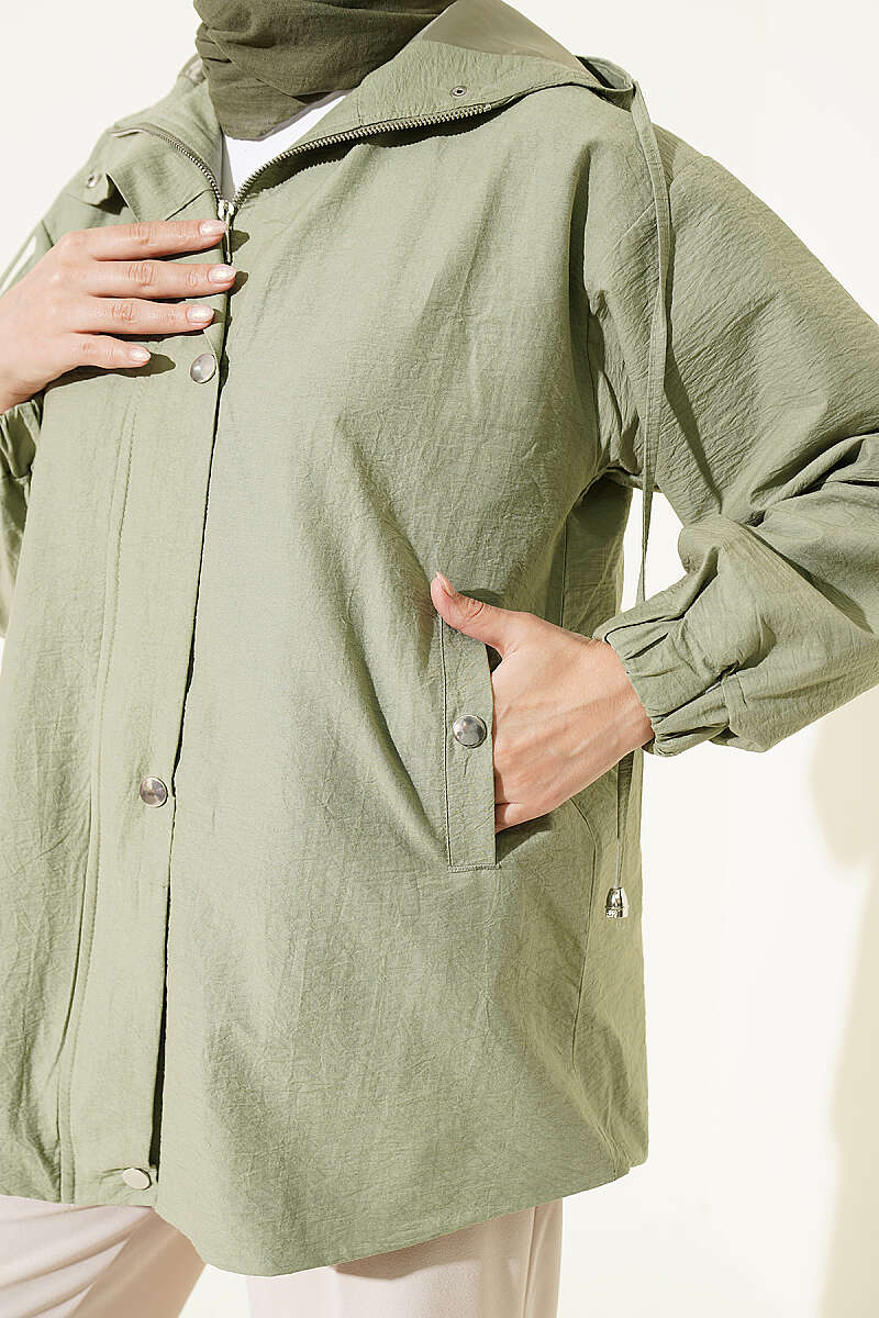 Hooded Cape Coat with Snap Buttons - Almond Green