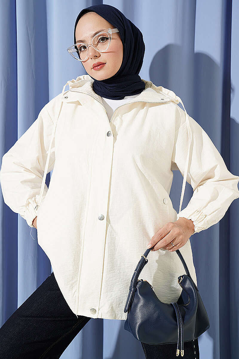 Hooded Cape Coat with Snap Buttons - Ecru