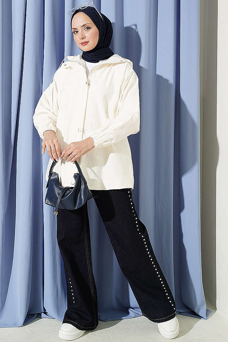 Hooded Cape Coat with Snap Buttons - Ecru