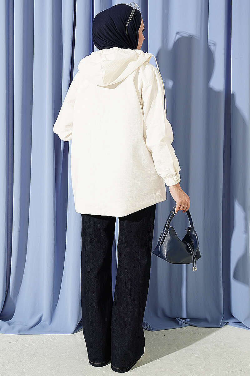 Hooded Cape Coat with Snap Buttons - Ecru