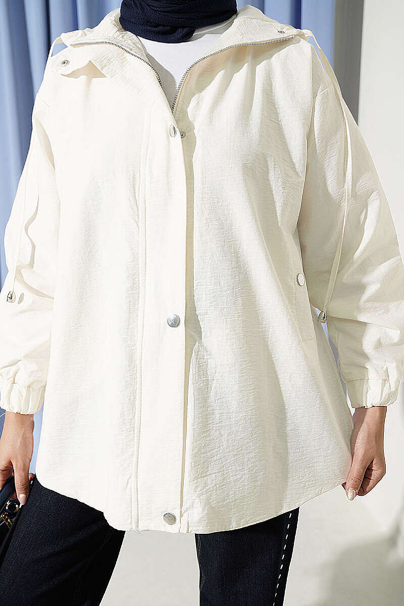 Hooded Cape Coat with Snap Buttons - Ecru