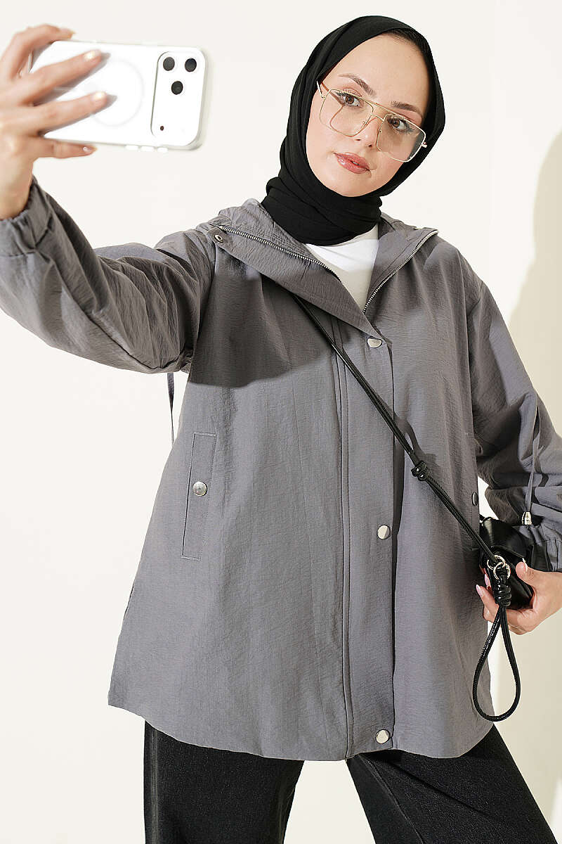 Hooded Cape Coat with Snap Buttons - Smoke Grey