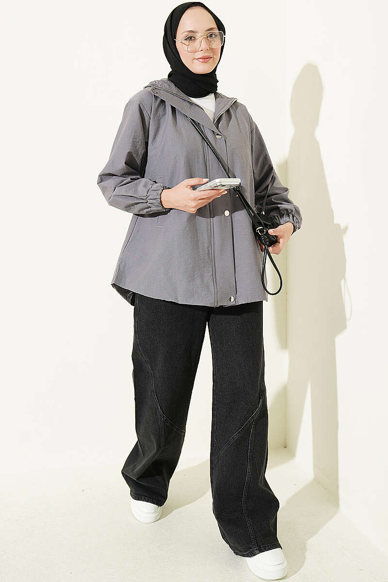 Hooded Cape Coat with Snap Buttons - Smoke Grey