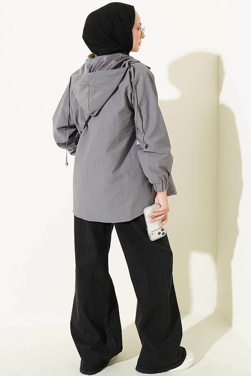 Hooded Cape Coat with Snap Buttons - Smoke Grey