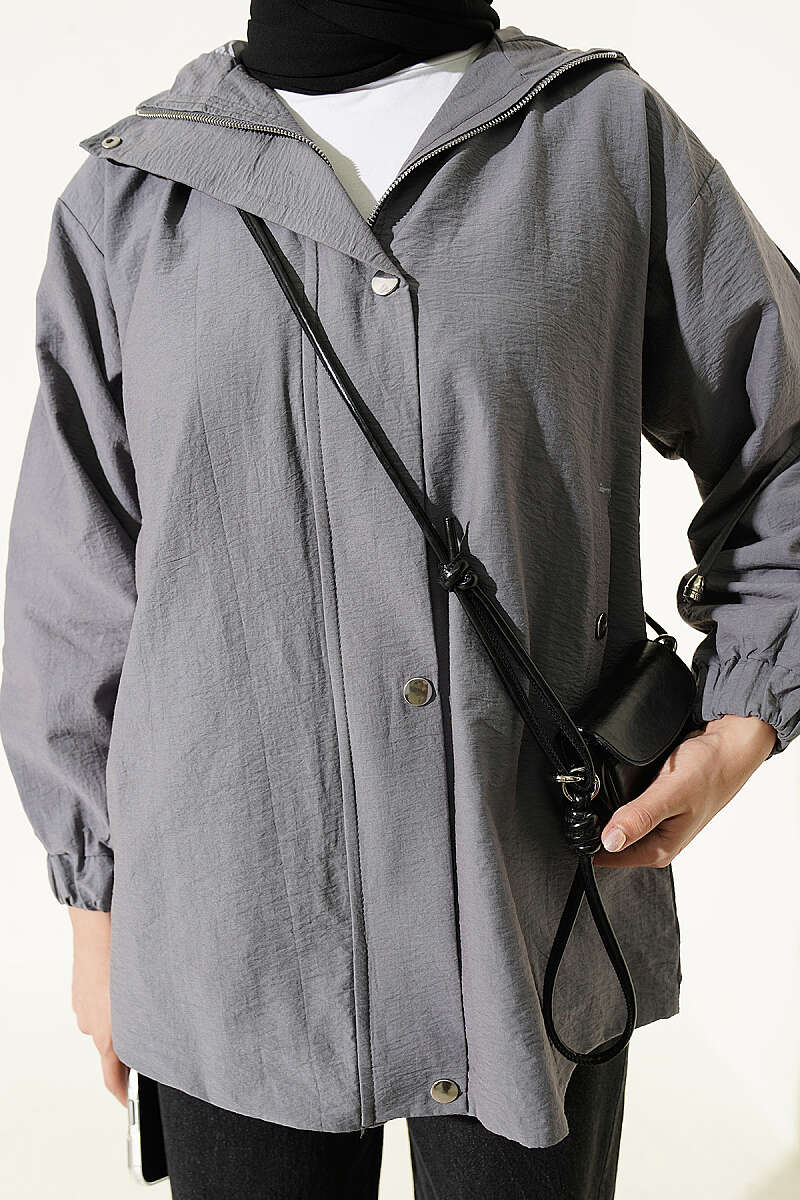 Hooded Cape Coat with Snap Buttons - Smoke Grey