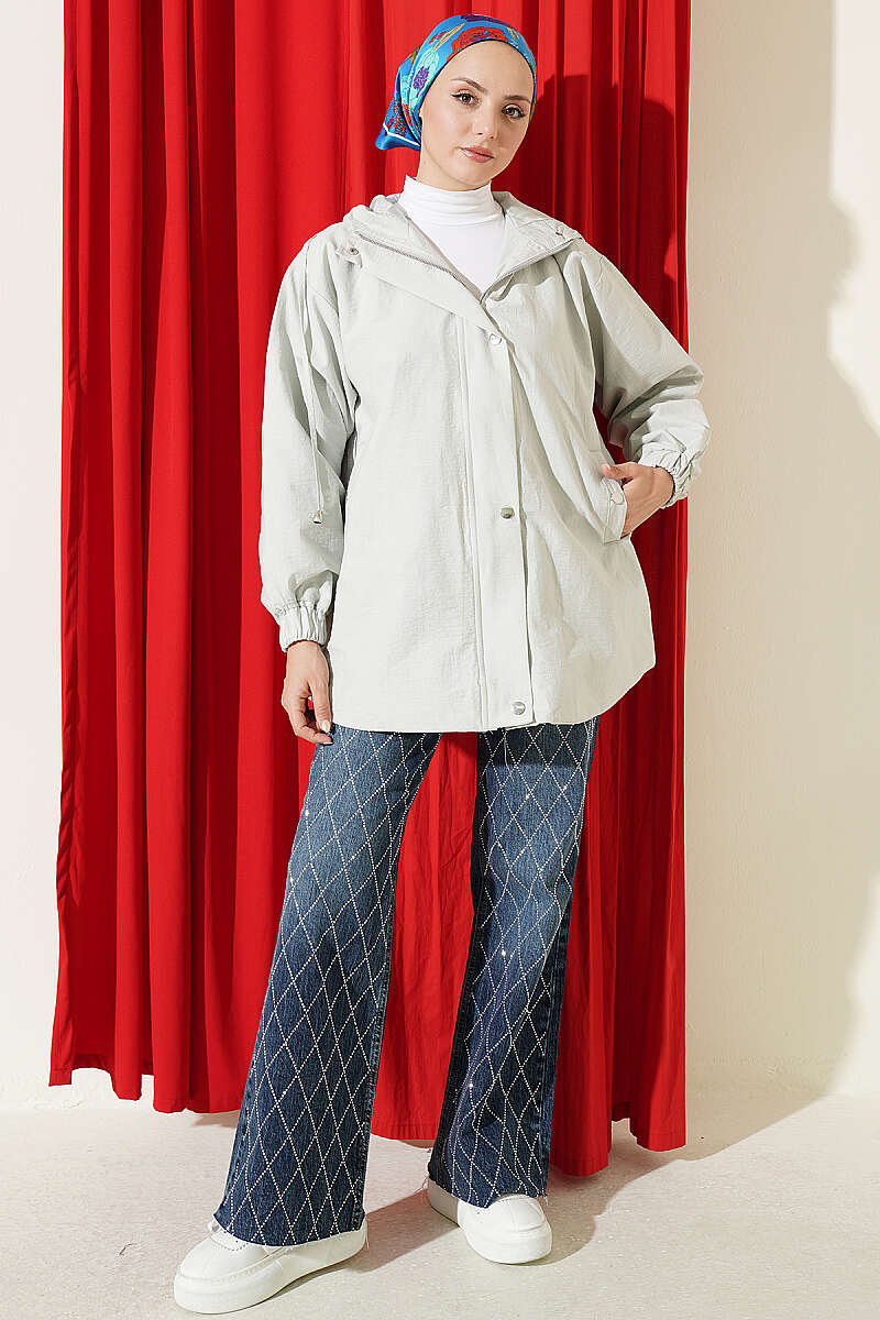 Hooded Cape Coat with Snap Buttons - Grey