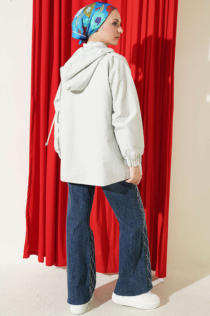 Hooded Cape Coat with Snap Buttons - Grey