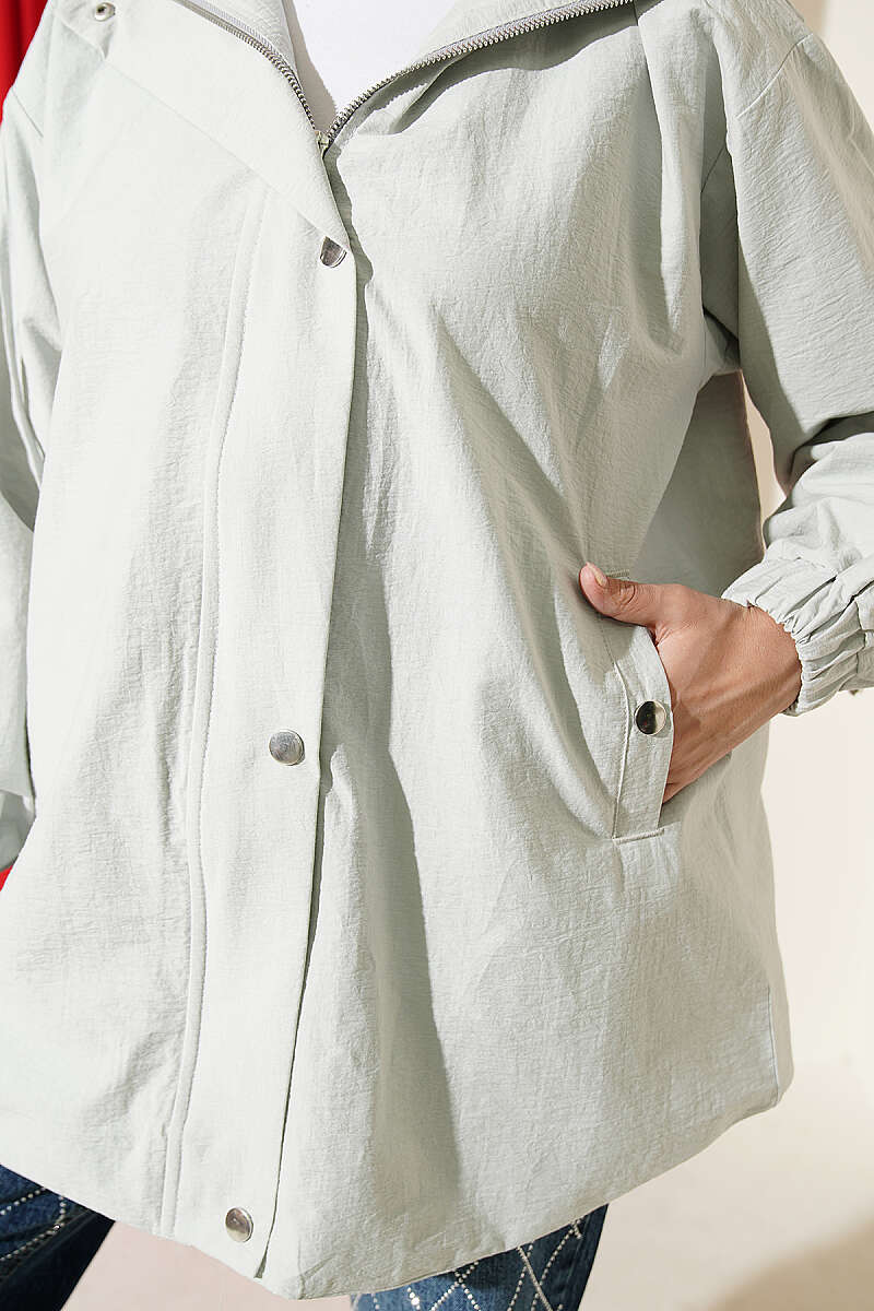 Hooded Cape Coat with Snap Buttons - Grey