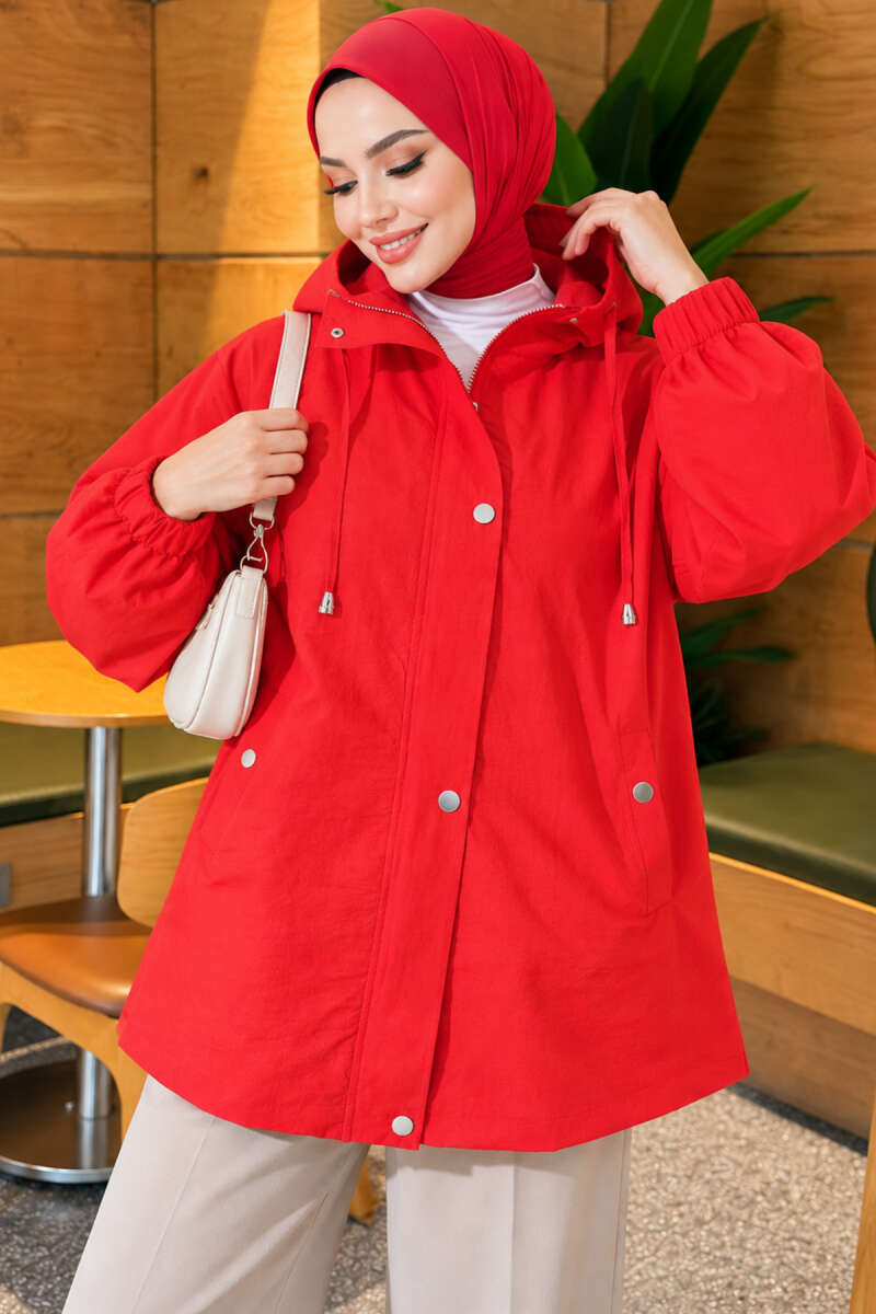 Hooded Cape Coat with Snap Buttons - Red