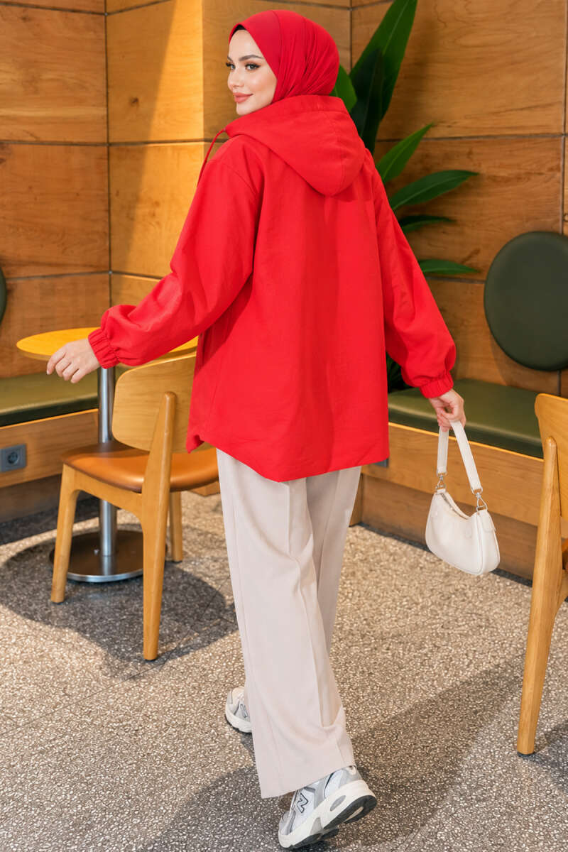 Hooded Cape Coat with Snap Buttons - Red