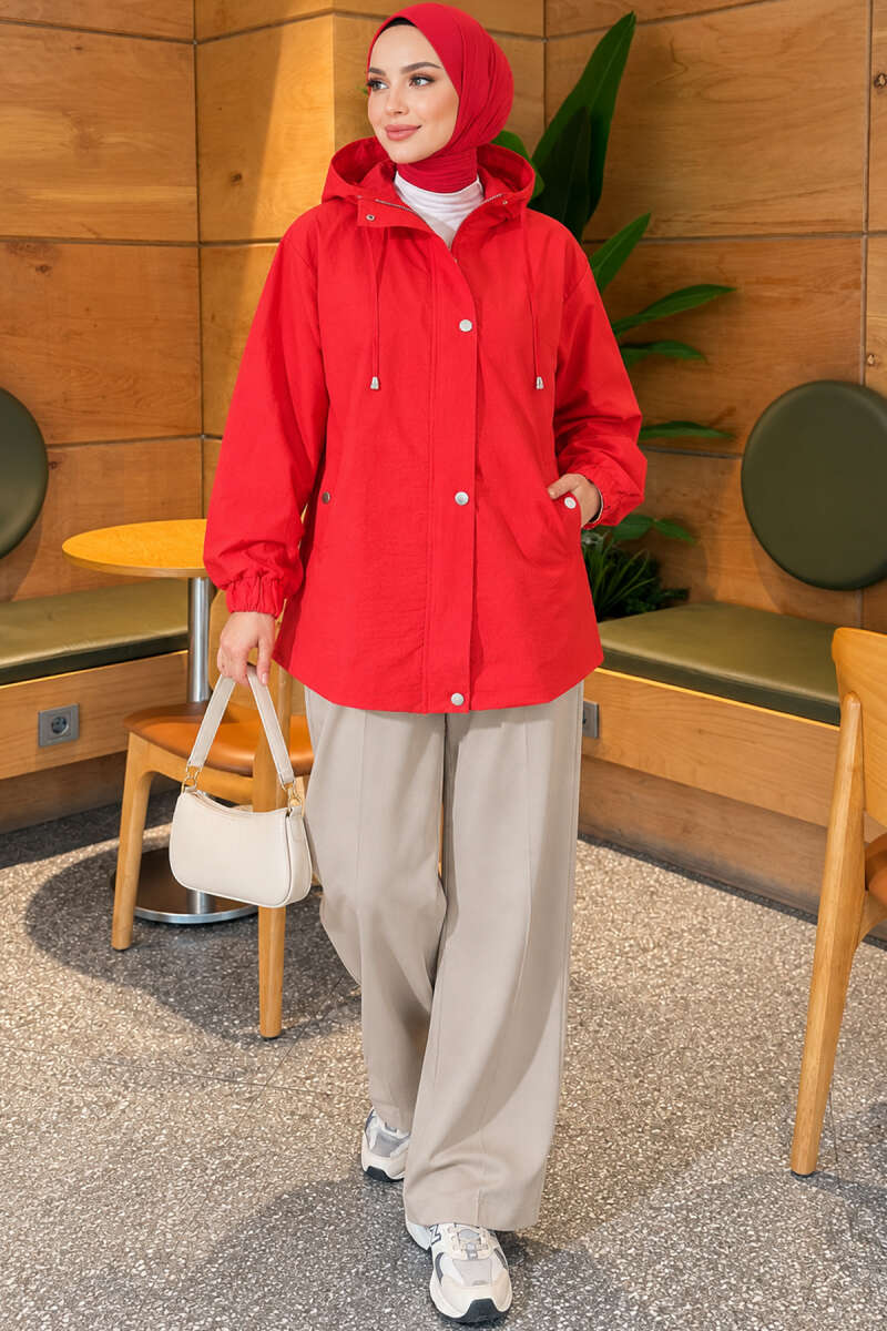 Hooded Cape Coat with Snap Buttons - Red