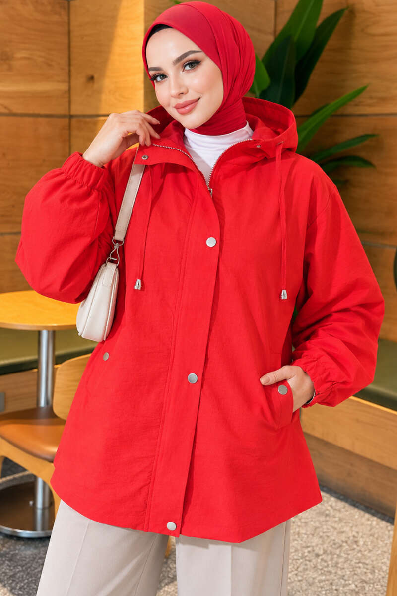 Hooded Cape Coat with Snap Buttons - Red