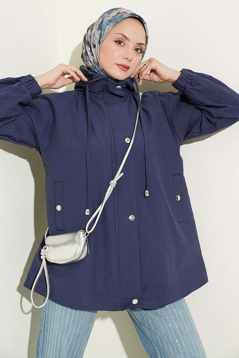 Hooded Cape Coat with Snap Buttons - Navy