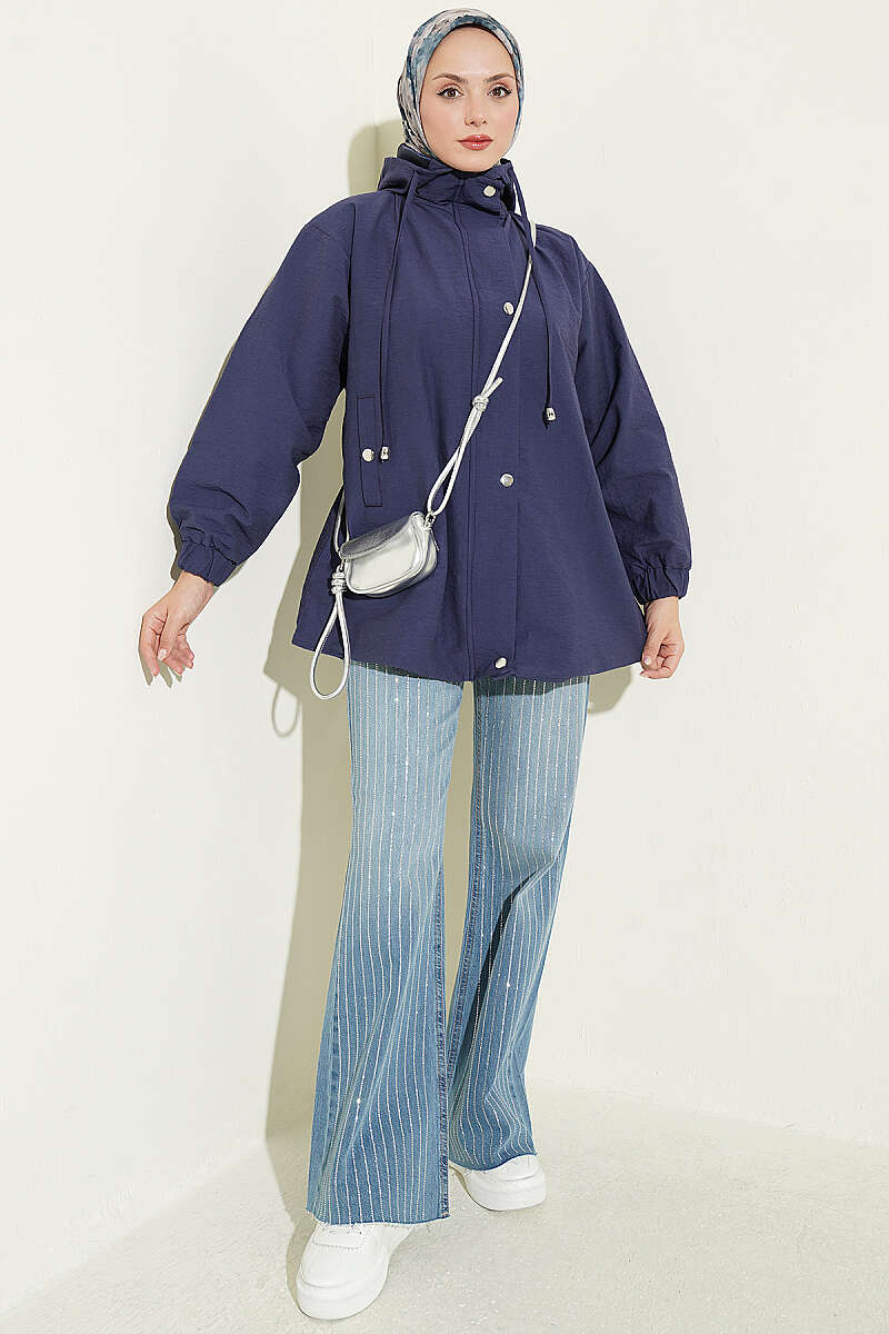 Hooded Cape Coat with Snap Buttons - Navy