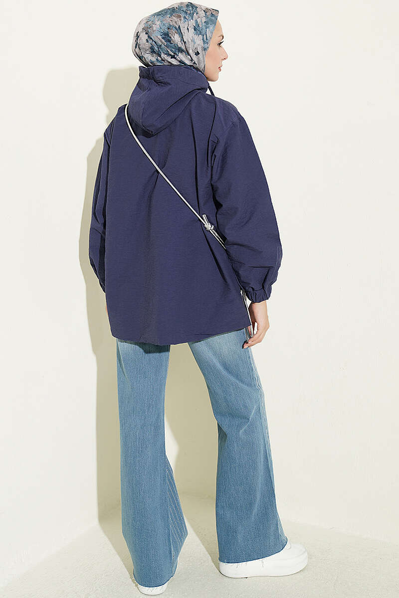 Hooded Cape Coat with Snap Buttons - Navy