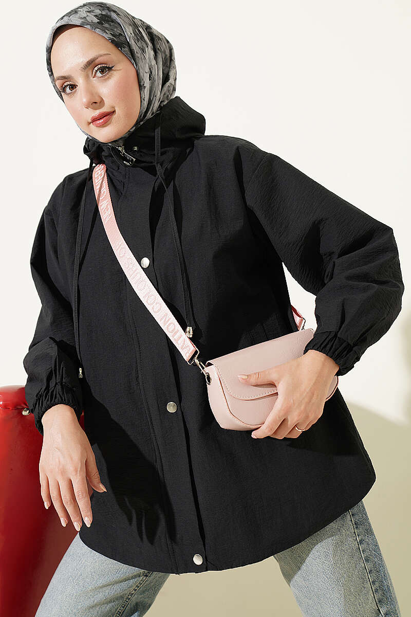 Hooded Cape Coat with Snap Buttons - Black