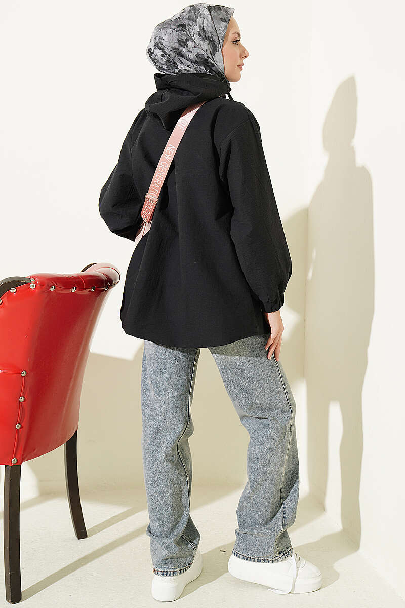 Hooded Cape Coat with Snap Buttons - Black