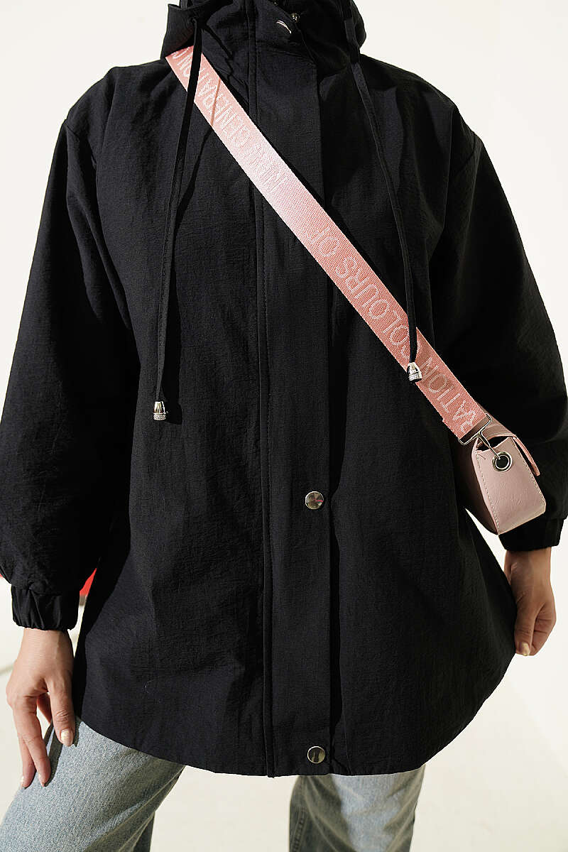 Hooded Cape Coat with Snap Buttons - Black