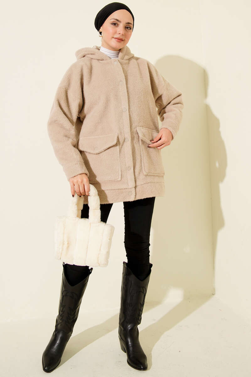 Hooded Snap-Button Coat - Beige