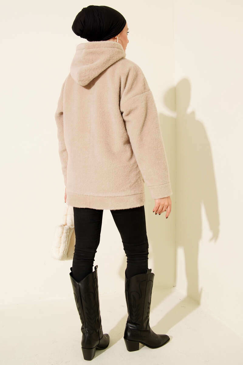 Hooded Snap-Button Coat - Beige