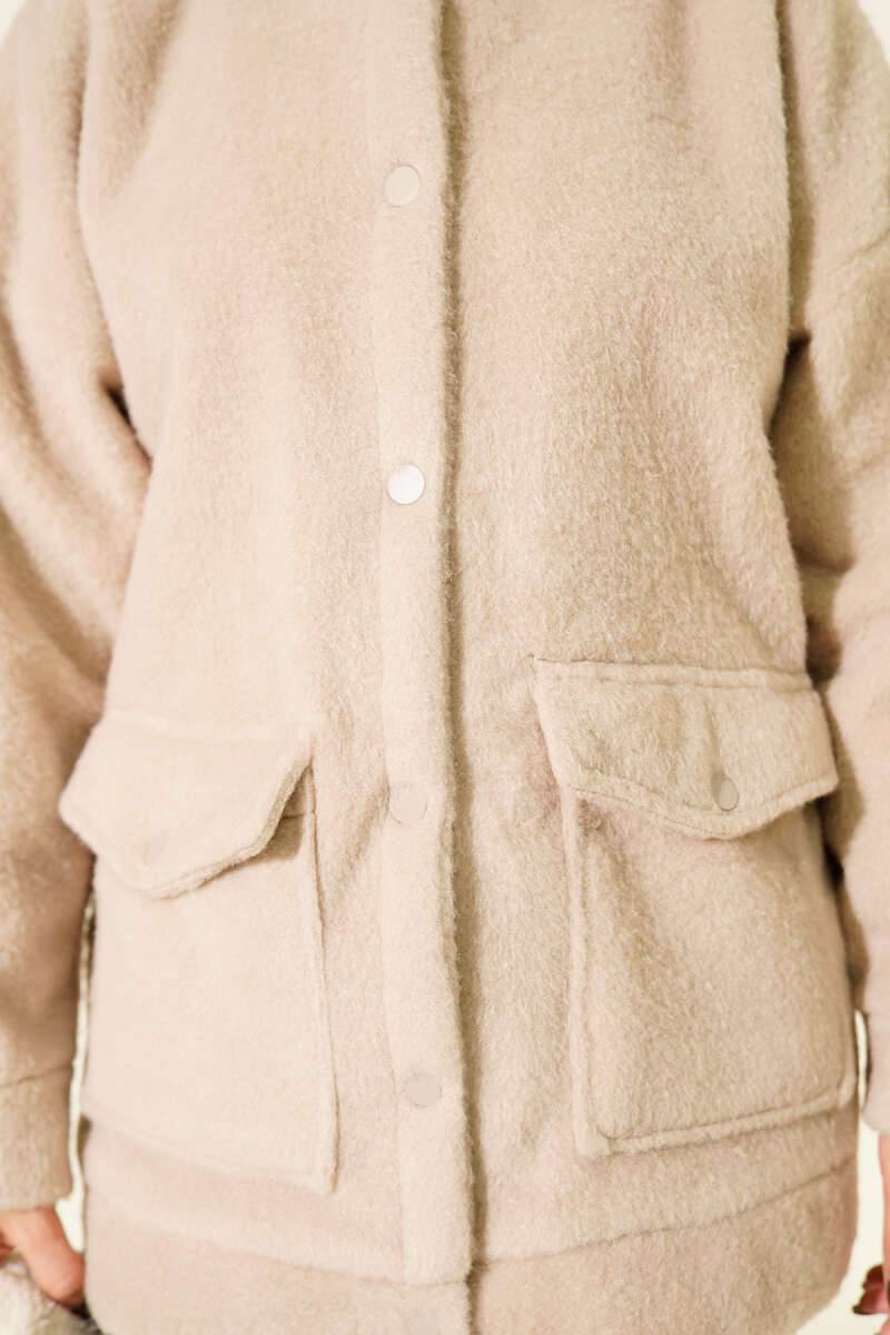 Hooded Snap-Button Coat - Beige