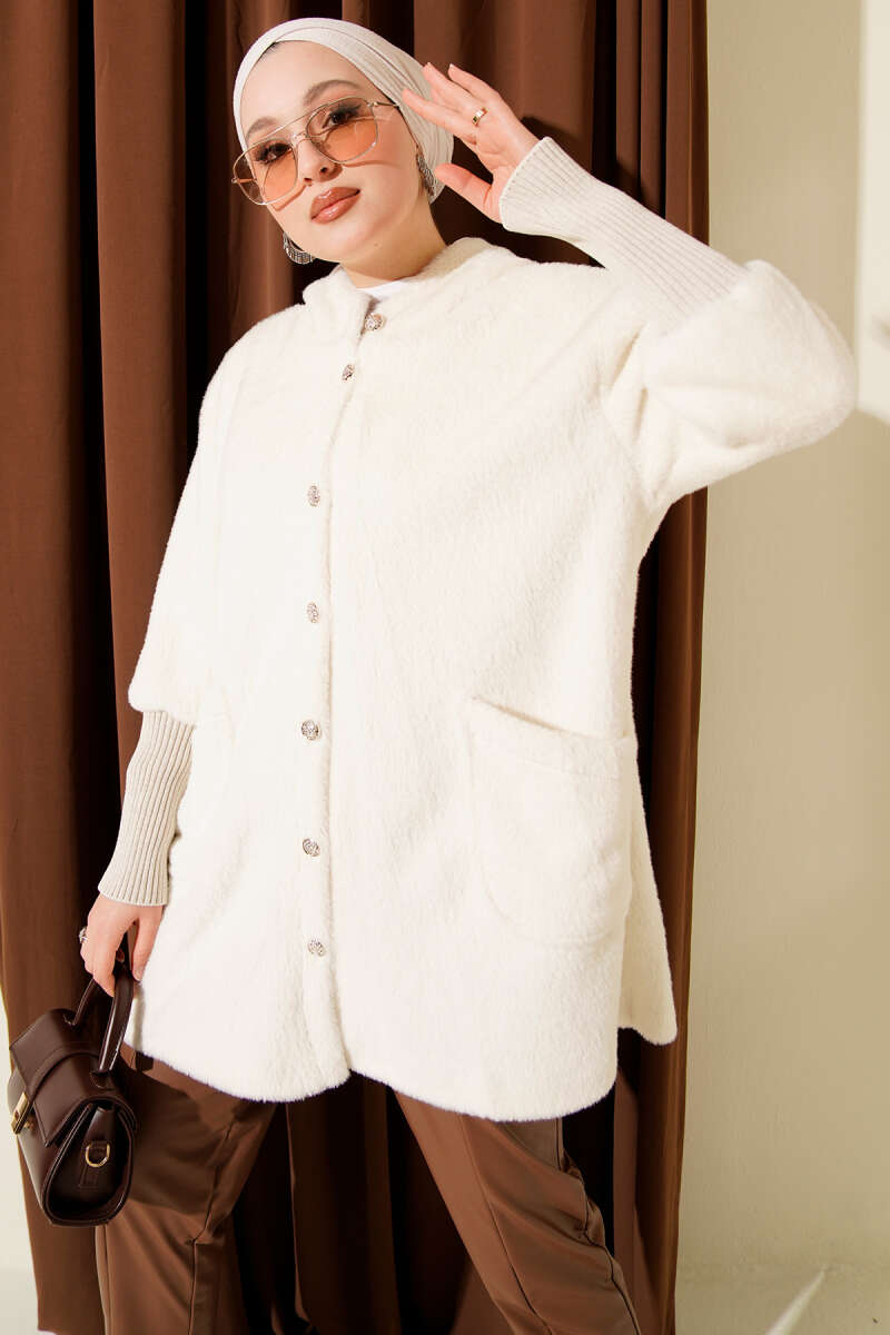 Hooded Angora Button Coat - Beige