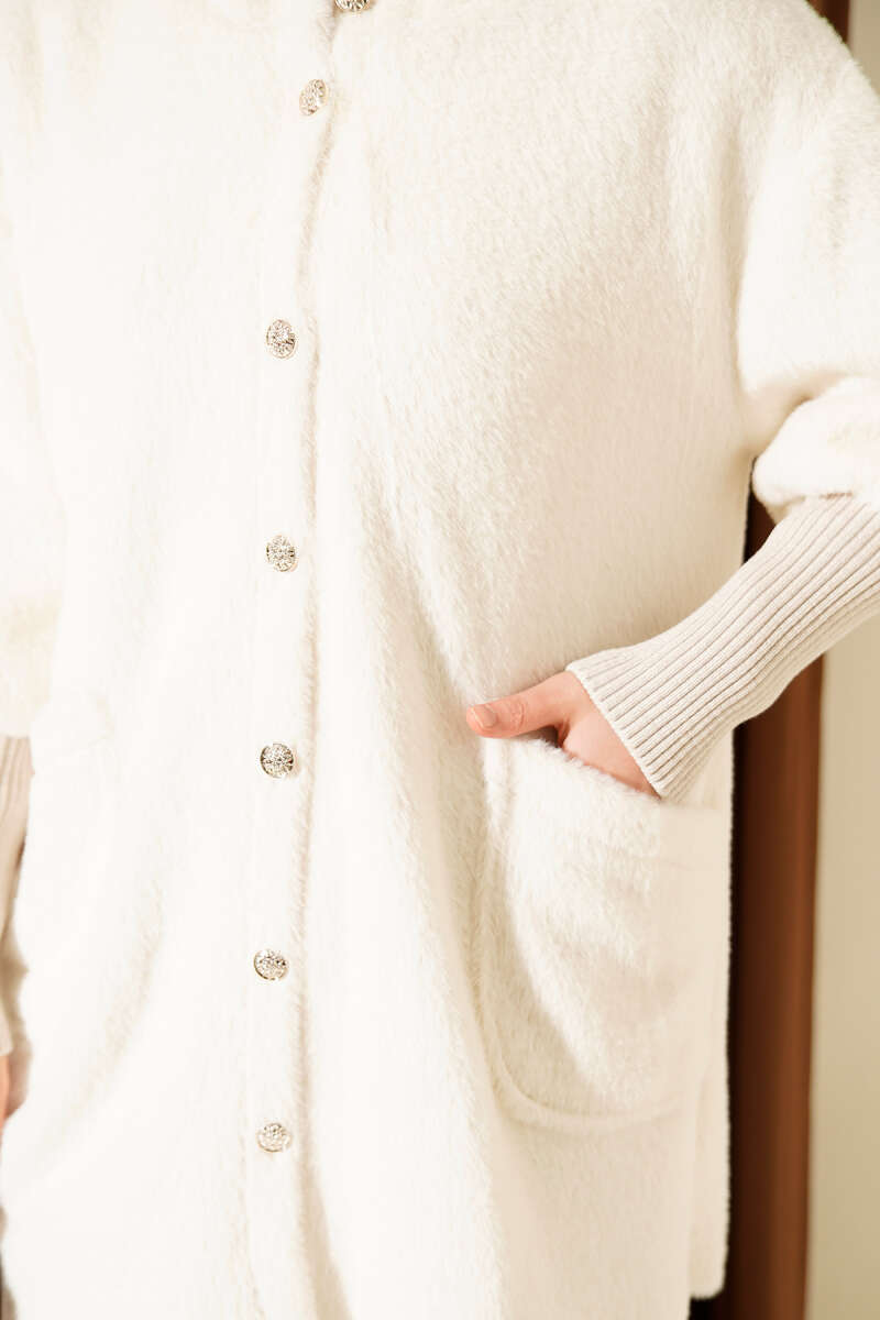 Hooded Angora Button Coat - Beige
