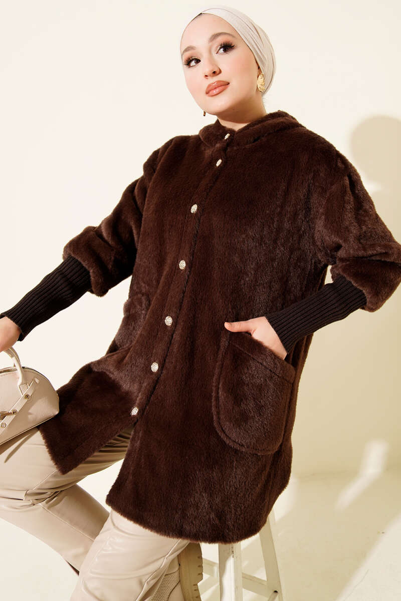 Hooded Angora Button Coat - Brown