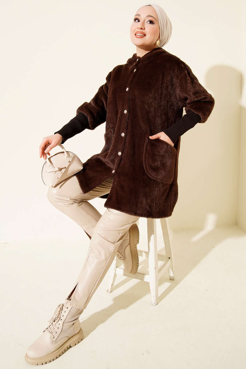 Hooded Angora Button Coat - Brown