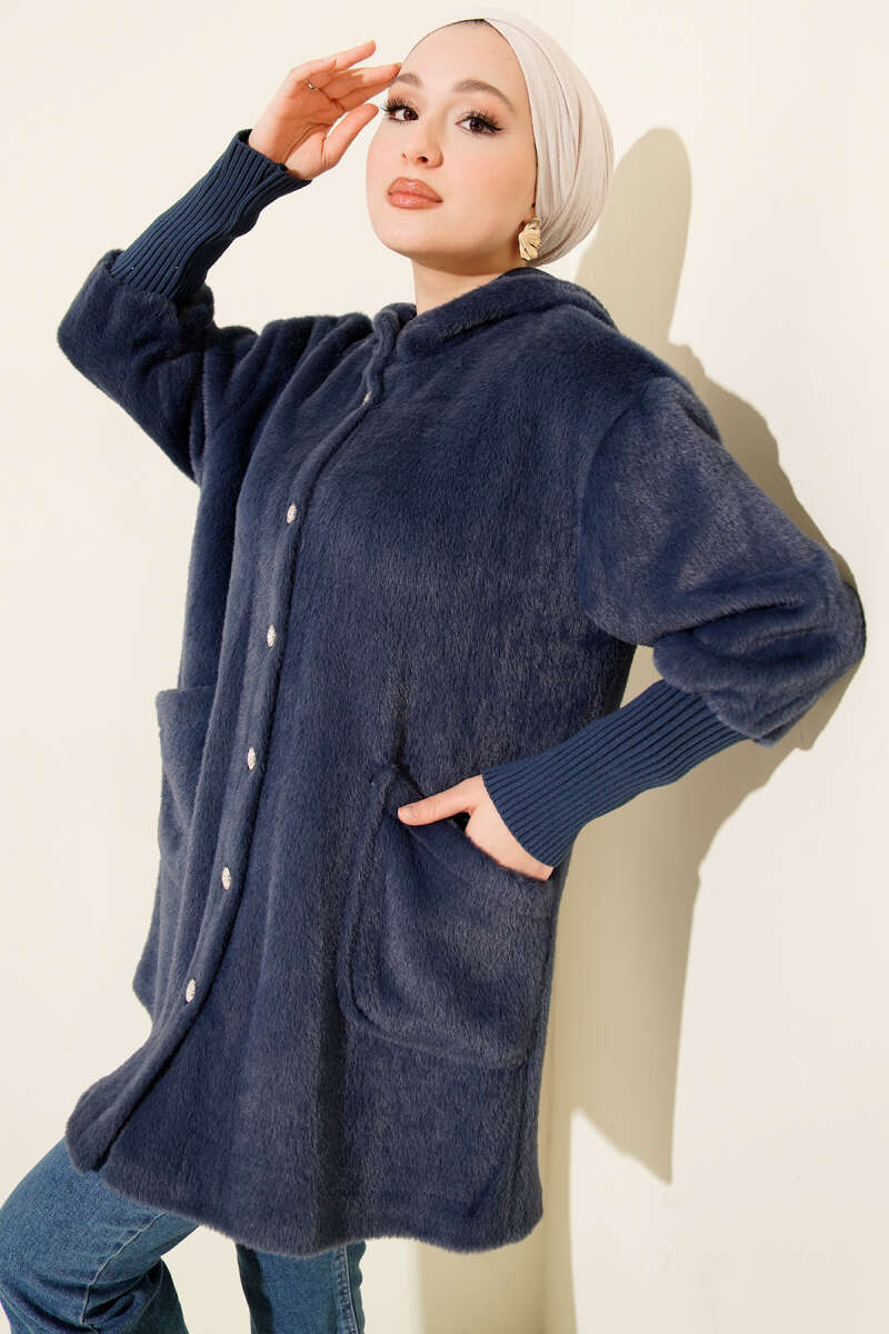 Hooded Angora Button Coat - Navy