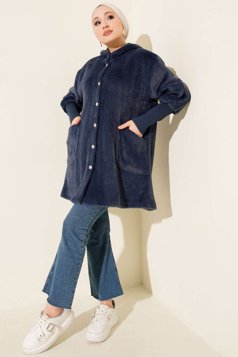 Hooded Angora Button Coat - Navy