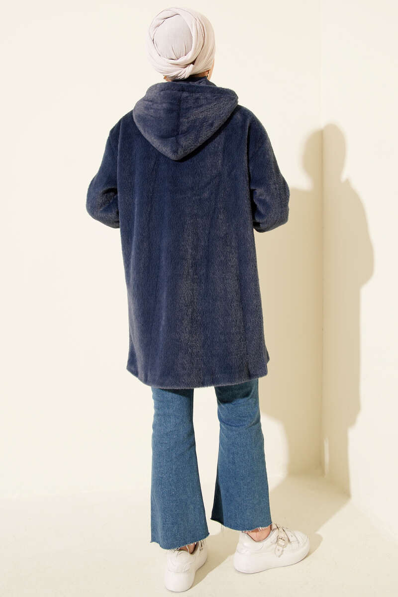 Hooded Angora Button Coat - Navy