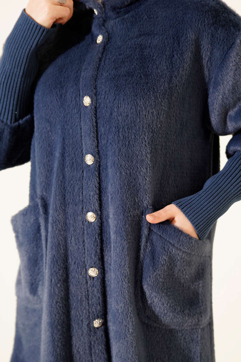 Hooded Angora Button Coat - Navy
