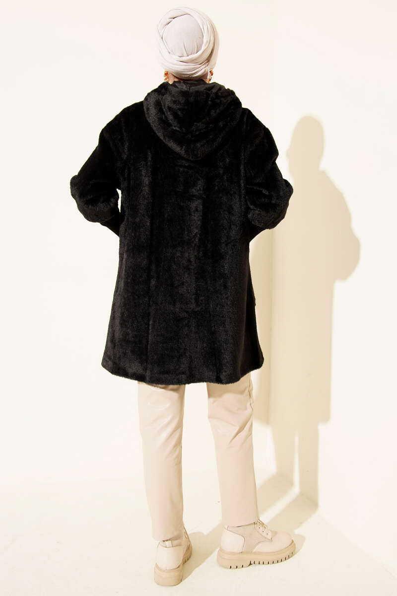Hooded Angora Button Coat - Black