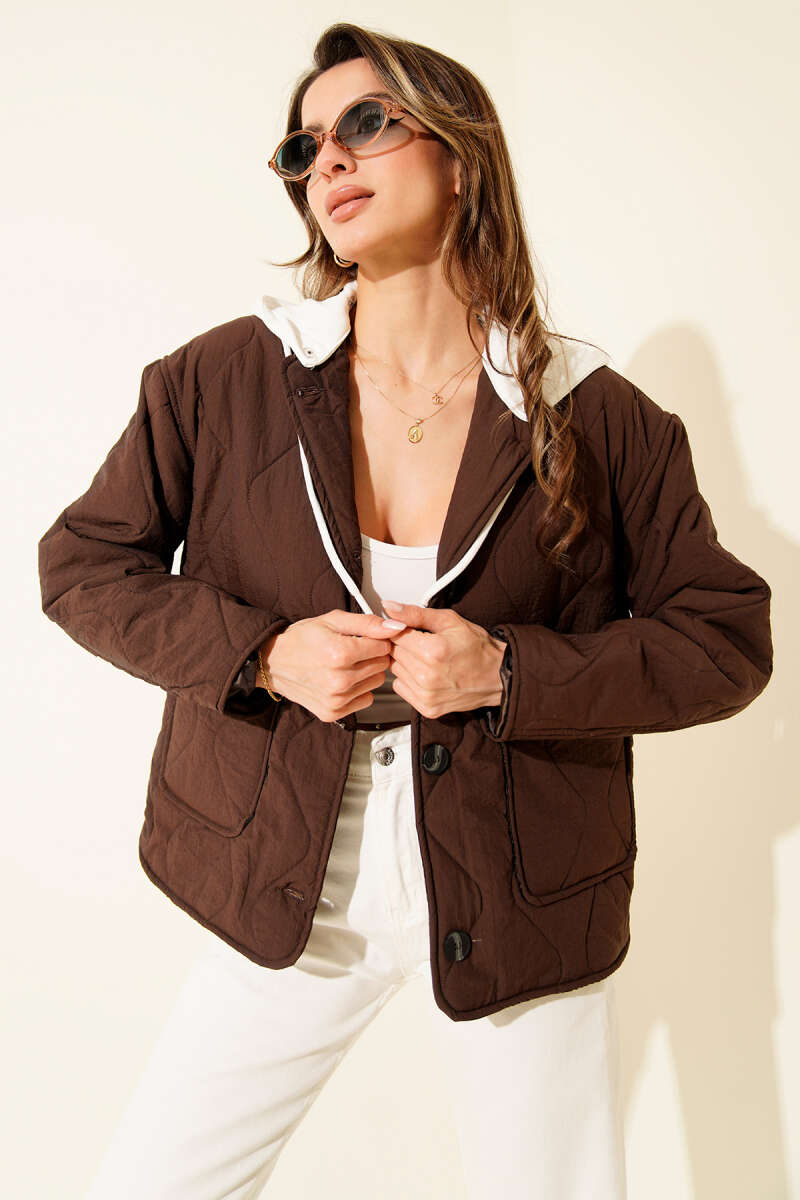 Hooded Quilted Button Jacket - Brown