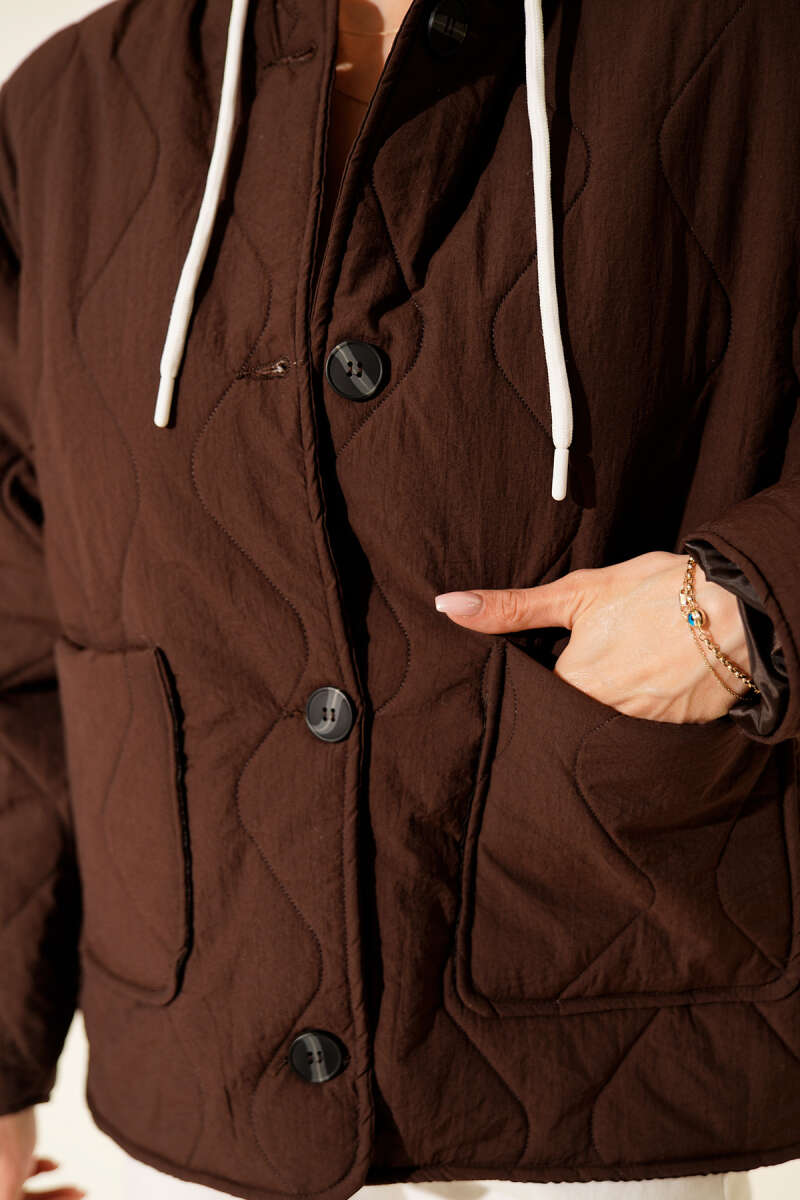 Hooded Quilted Button Jacket - Brown