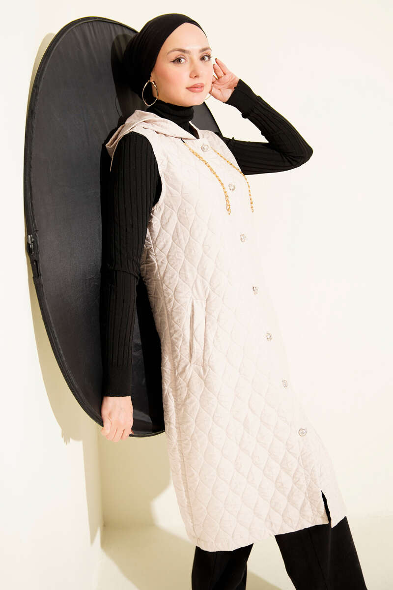 Hooded Button Quilted Vest - Beige