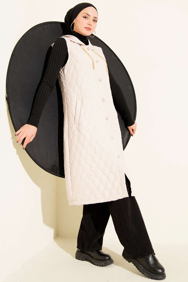 Hooded Button Quilted Vest - Beige