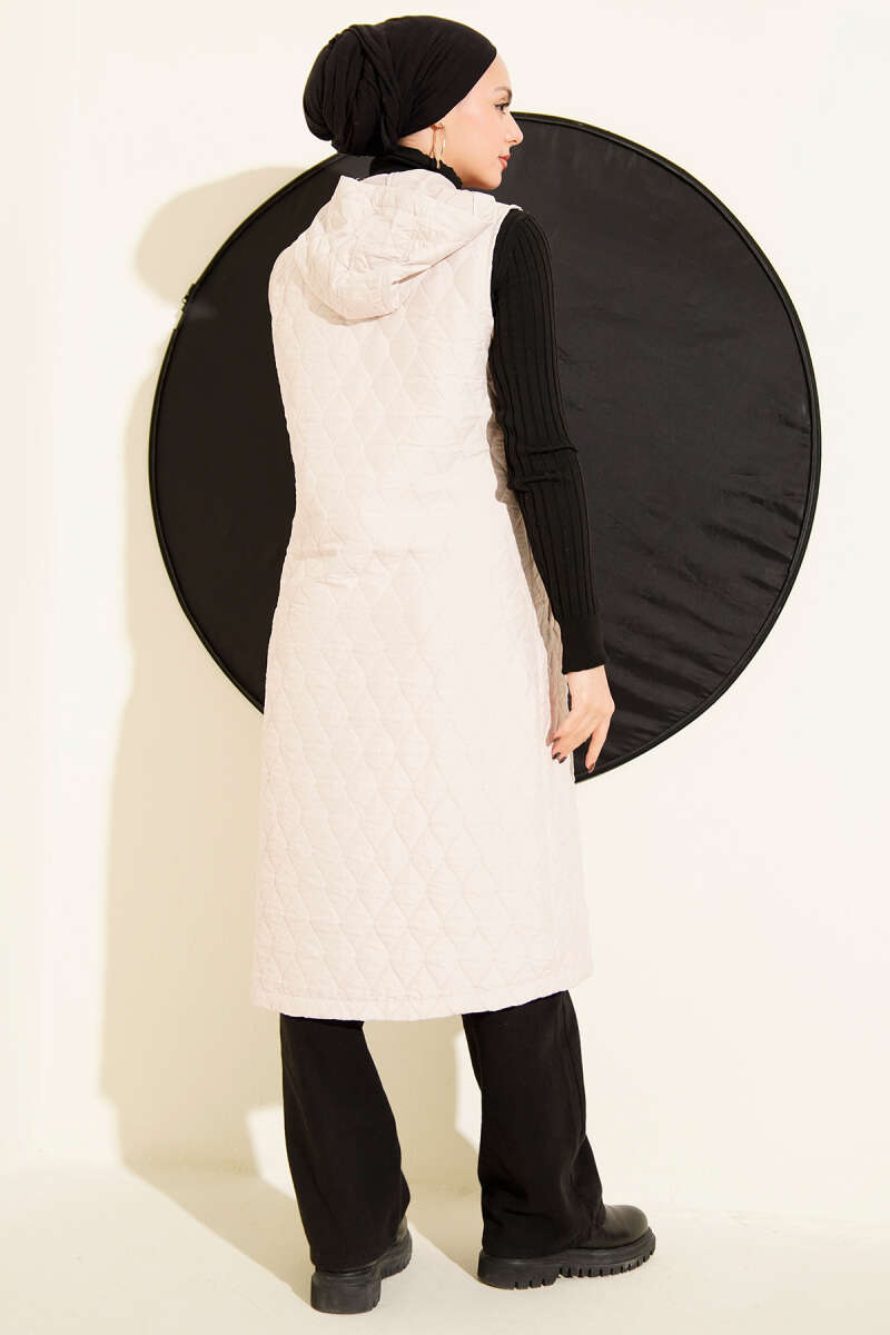 Hooded Button Quilted Vest - Beige