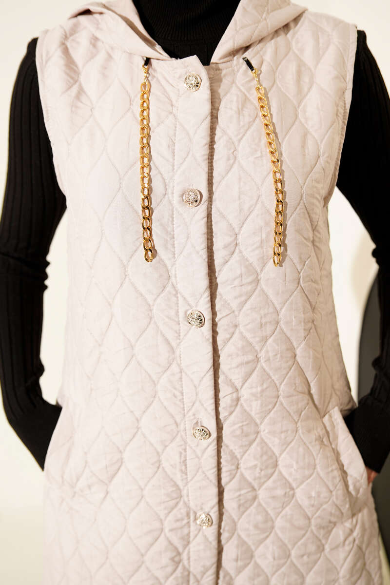 Hooded Button Quilted Vest - Beige