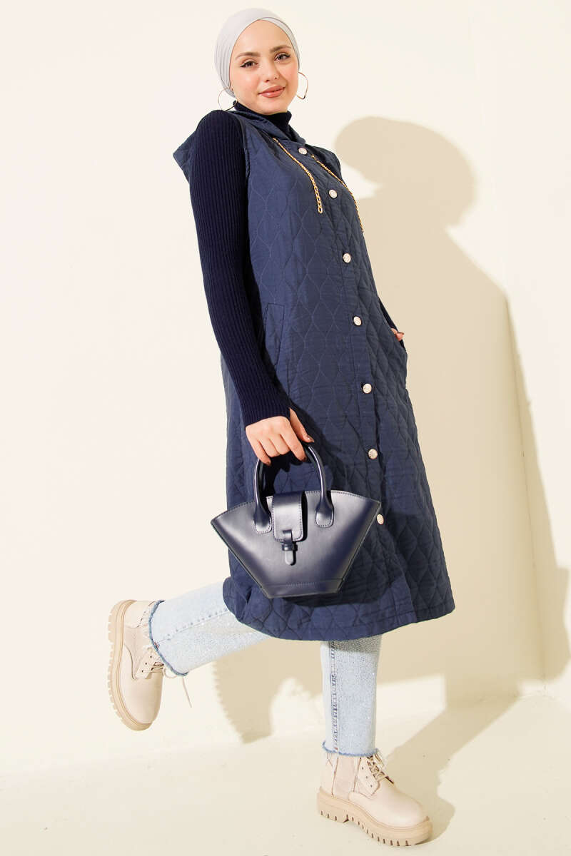 Hooded Button Quilted Vest - Indigo
