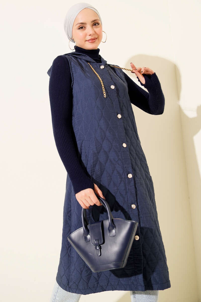 Hooded Button Quilted Vest - Indigo