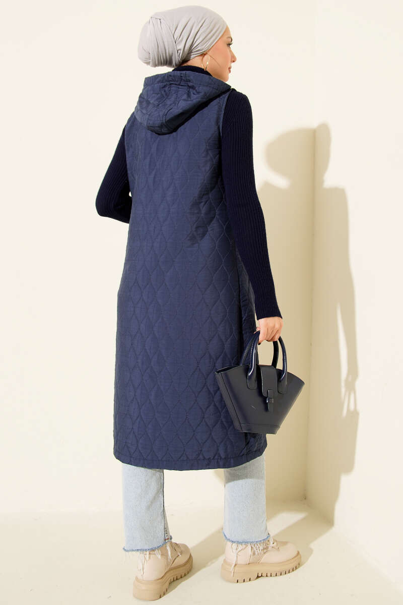 Hooded Button Quilted Vest - Indigo