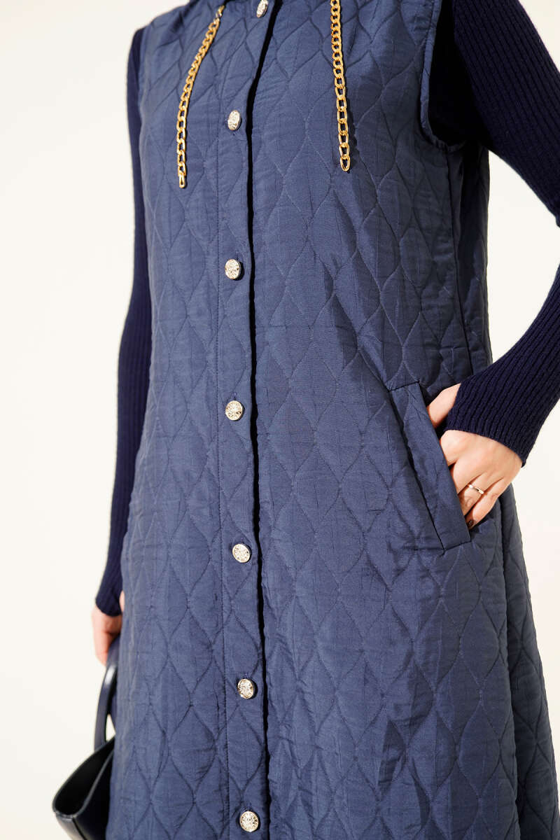Hooded Button Quilted Vest - Indigo